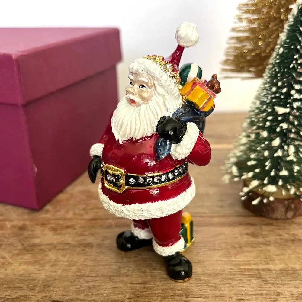 Bejeweled Santa Hinged Metal Enamel Trinket Box Santa Sack Gifts Christmas